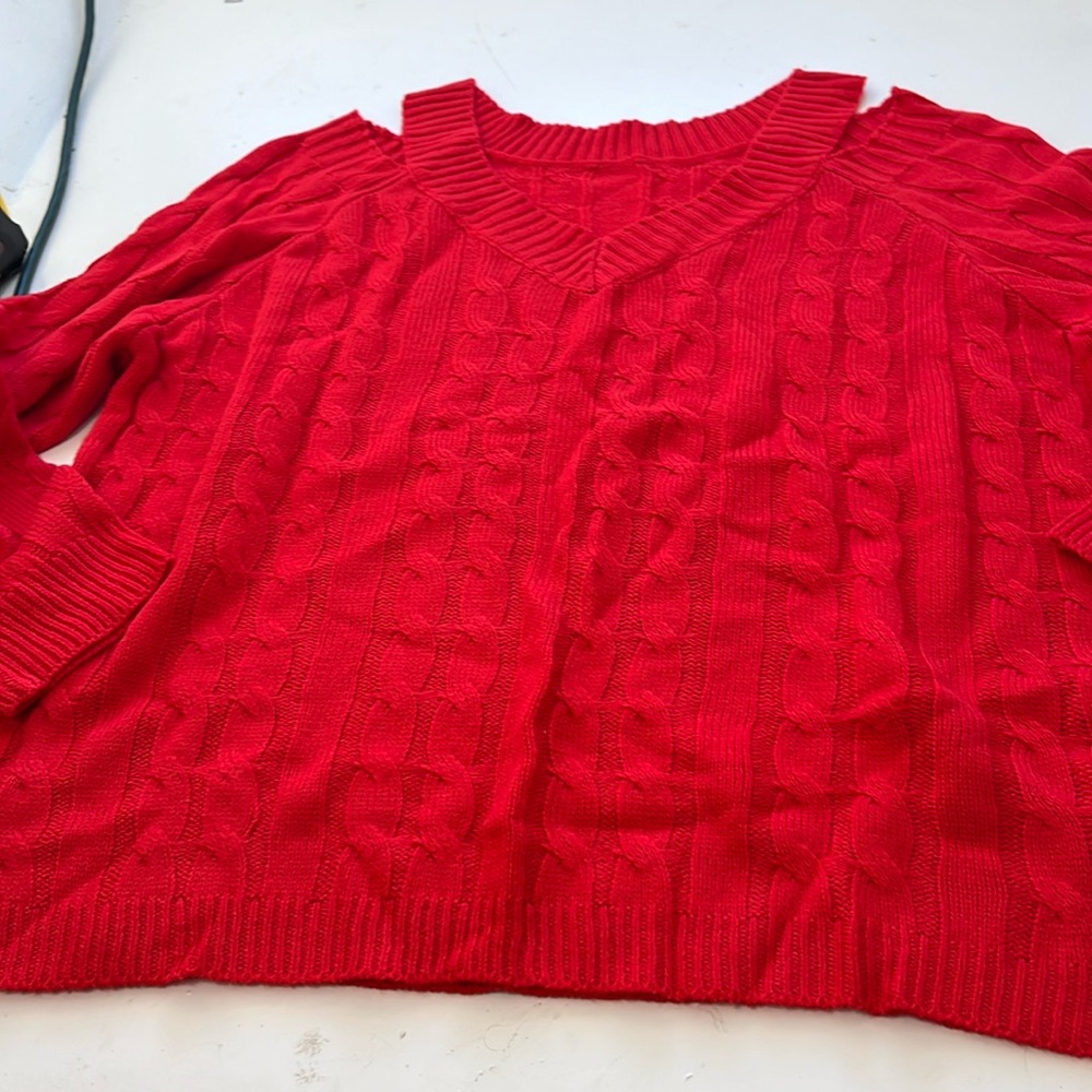 SHEIN 3XL Red Long Sleeve V Neck Cold Shoulder Sweater